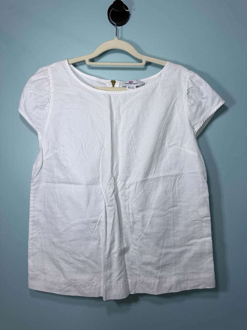 Vineyard Vines Short Sleeve Blouse Size S White Cotton Zip Back